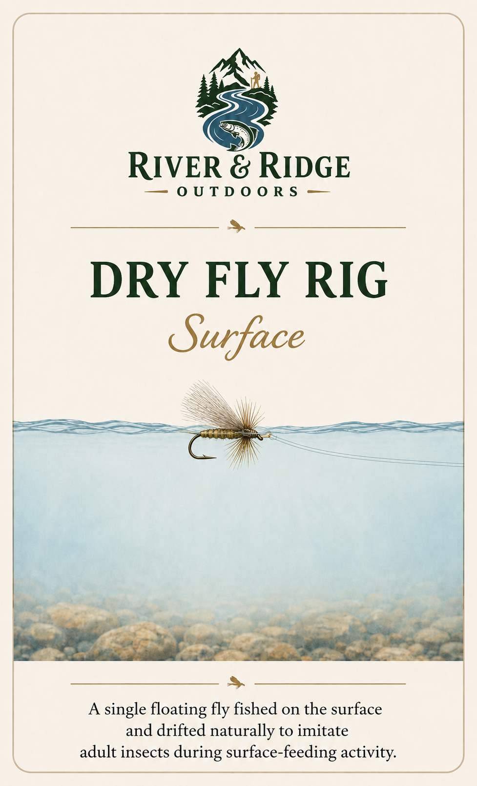 Approved Dry Fly Rig card showing a dry fly riding on the water surface