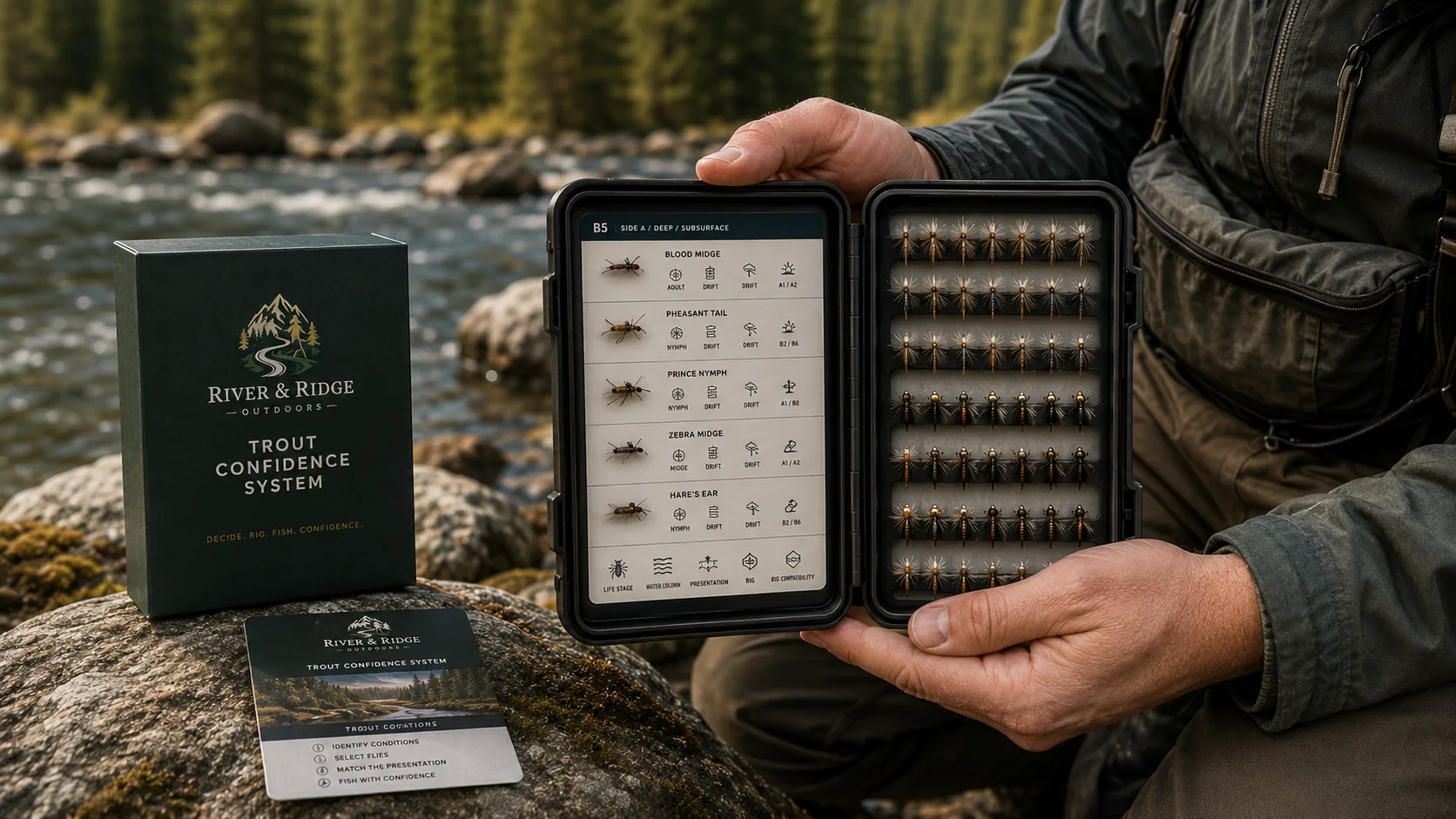 Concept visualization of the River and Ridge Trout Confidence System being used beside a trout stream