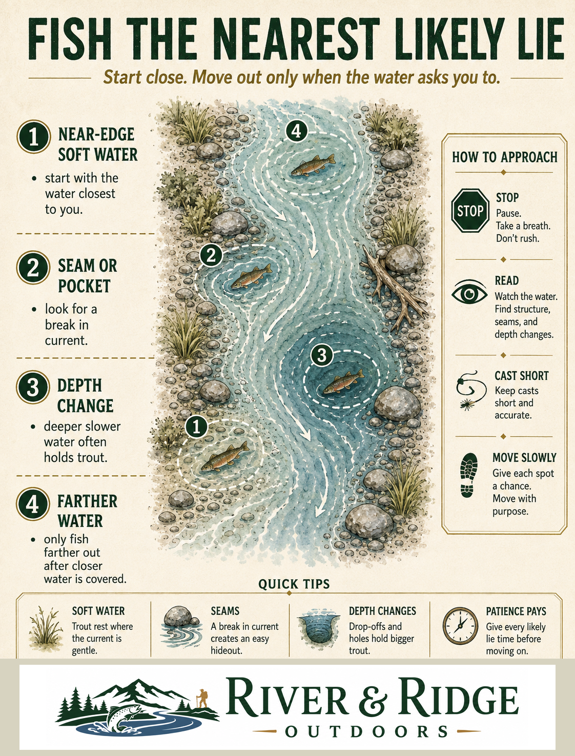 River and Ridge illustration showing how to choose one likely current lane