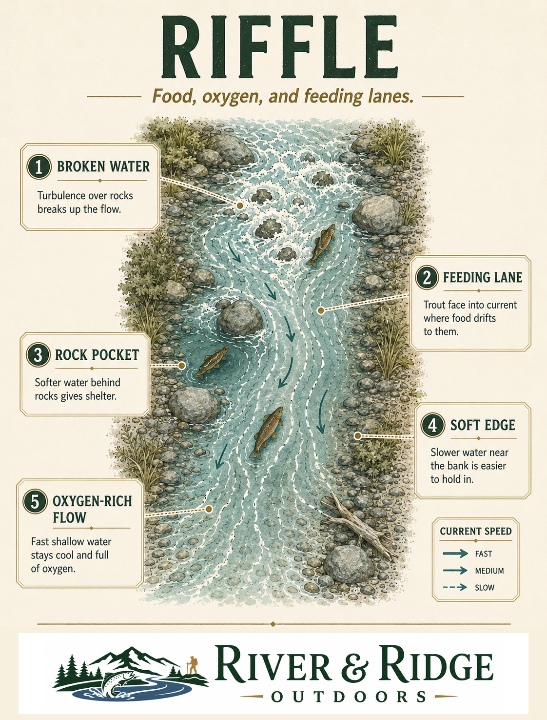 River and Ridge riffle illustration showing broken water and smaller current lanes