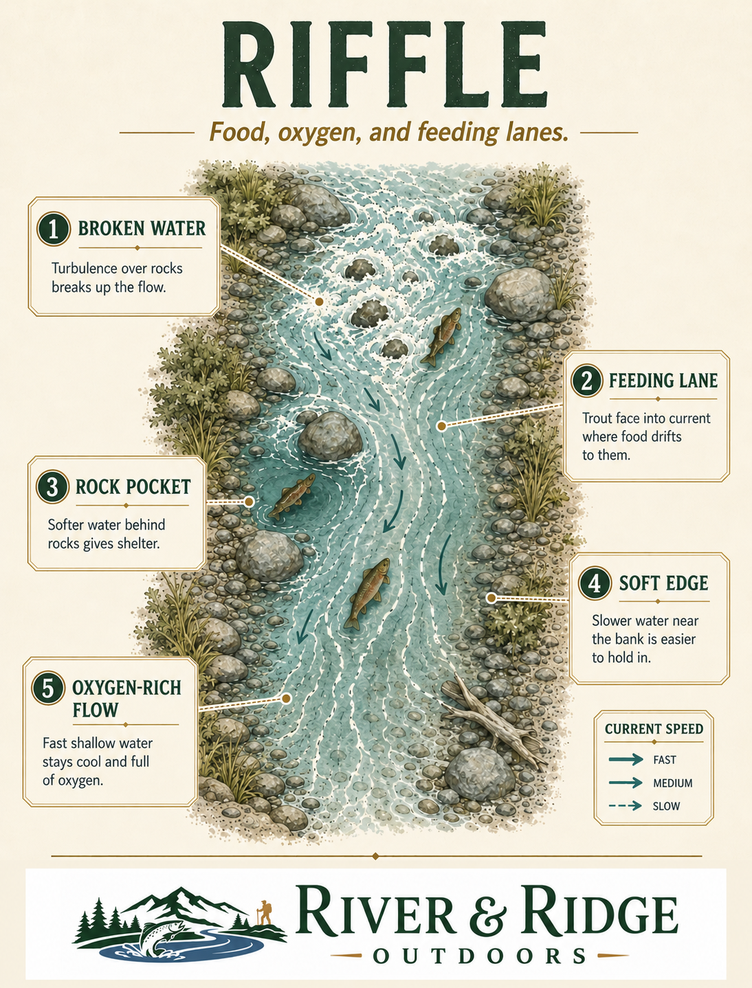 Illustrated River and Ridge guide to riffles, broken water, feeding lanes, pockets, and soft edges