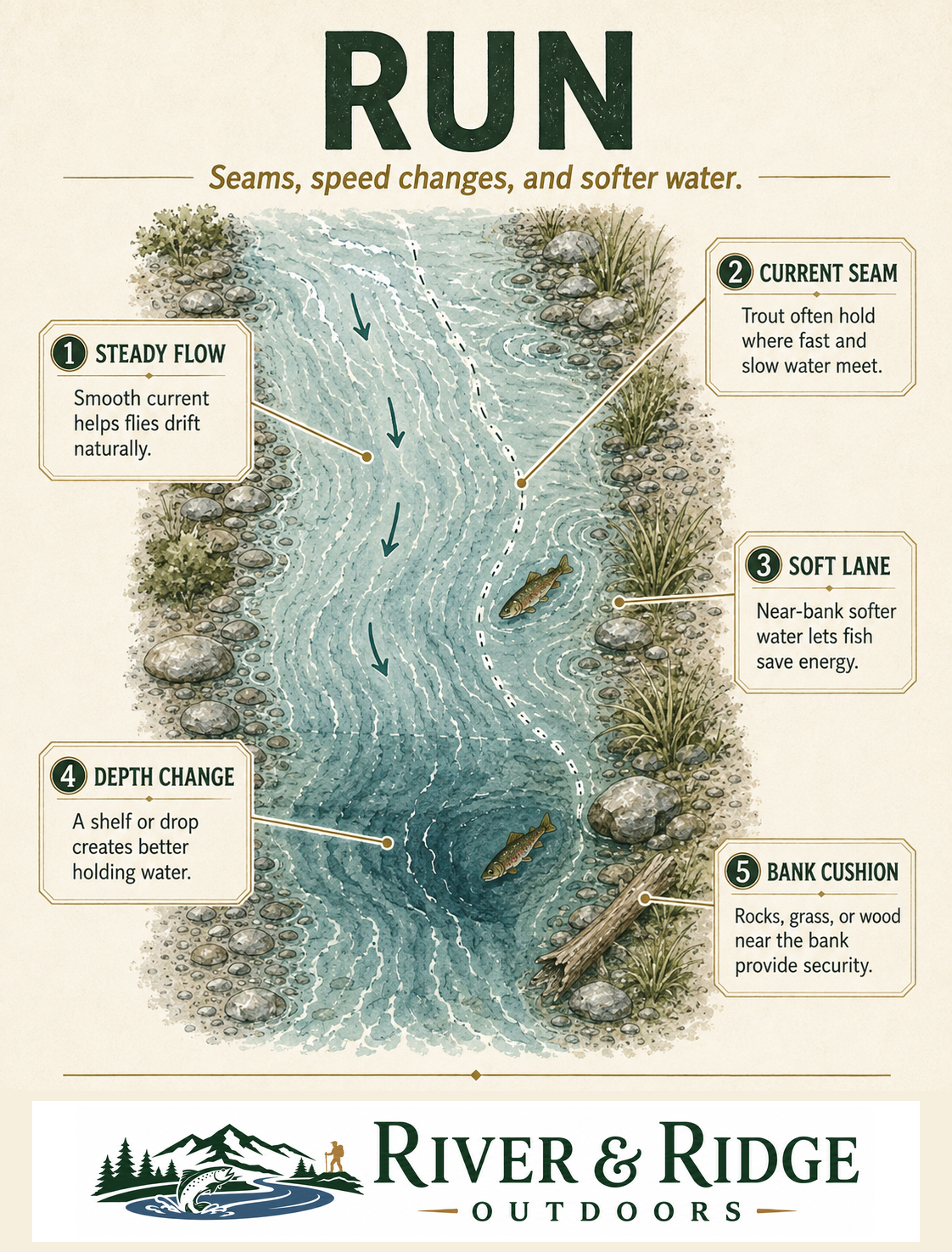 River and Ridge run illustration showing a continuous downstream lane