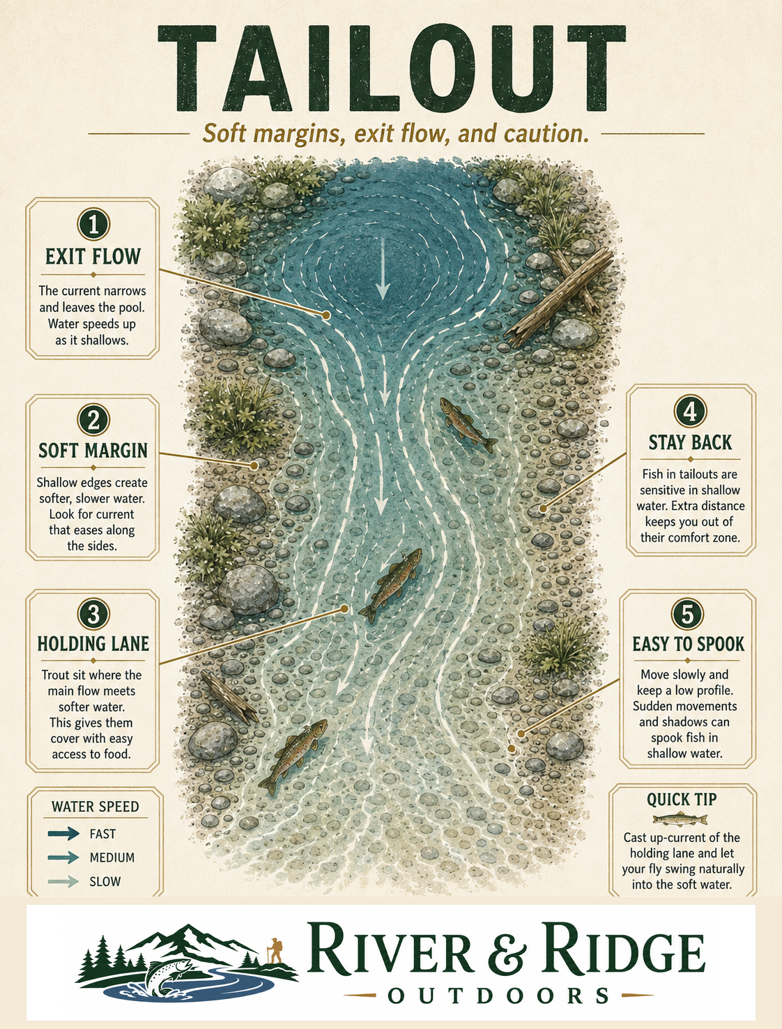 River and Ridge tailout illustration showing the shallowing exit from deeper water