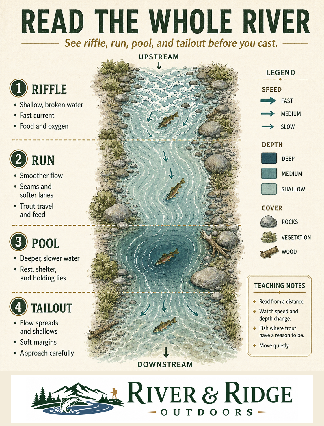 River and Ridge illustration showing riffle, run, pool, and tailout in one river sequence